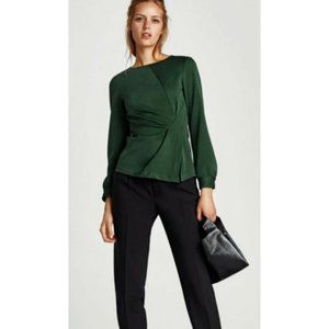 Zara Women's Top Size S Emerald Green Long Sleeve Structured Blouse Gathered